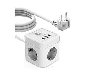 JSVER Multiprise Cube avec USB, Bloc Multiprise 3 Prises avec 3 Ports USB Chargeur (3680W 16A) Prise Multiple avec Interrupteur Cable 3m pour la Maison, Le Bureau-Blanc