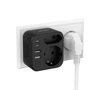 JSVER Multiprise Murale USB,6 en 1 Prise USB Murale 2 Prises avec 2 Ports USB A, 2 Ports USB C(3,4A 17W) Compact Multiprise Murale avec Interrupteur pour Les Voyages-Noir