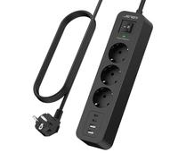 JSVER Multiprise Parafoudre et Surtension avec 3 Sortie AC et 4 Ports USB(2 Typ C), Adaptateur Secteur 3680W avec Interrupteur et Rallonge Electrique 2M, Mult Prise USB C pour Bureau et Maison-Noir