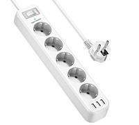 JSVER Multiprise Parasurtenseurs USB 5 Prises avec 3 Ports USB Chargeur de Voyage Multiprises Electrique(4000W 16A) parafoudre et surtension avec Cable 1,8m pour Smartphone, Maison, Bureau-Blanc