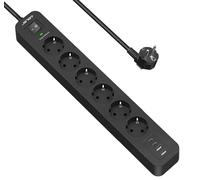 JSVER Multiprise Parasurtenseurs USB 6 Prises avec 2 Ports USB 2 Ports USB C Chargeur (5V3,4A) Multiprises parafoudre et surtension avec Cable 2m pour Smartphone, Maison, Bureau-Noir (Lot de 6)
