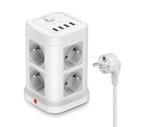 JSVER Multiprise USB 8 Prises, Bloc Tour Multiprise Electrique USB avec 4 Ports USB de Recharge (5V/3,4A,17W) Bloc Multiprise avec Interrupteur pour la Maison, Le Bureau, Câble de 2m-Blanc