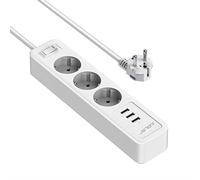 JSVER Multiprise USB,Bloc Multiprise 3 Prises avec 3 Ports USB Chargeur (5V 2,4A/12W) Prise Multi 3680W 16A avec Interrupteur Cable 2m pour Maison, Bureau-Blanc