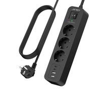JSVER Parafoudre et Surtension,Multiprise USB 3M avec 3 Sortie AC et 4 Ports USB(2 Typ C), Adaptateur Secteur 3680W avec Interrupteur, Mult Prise pour Bureau et Maison-Noir