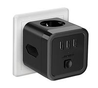 JSVER Prise USB Multiple,Cube Multiprise Murale USB 3 Prises (1 Sortie AC,2 Prise Euro) et 3 Ports USB Chargeur Parasurtenseur Parafoudre et Surtension avec Interrupteur pour iPhone Tablette- Noir