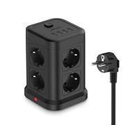 JSVER Tour Multiprise USB 8 Prises Bloc Multiprise avec 8 Prises(3680W/16A) et 4 Ports USB Multiprise Electrique USB avec Interrupteur Cordon de 2m pour iPhone 12/ iPad/Smartphone - Noir