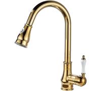 JT2D-Robinet de Cuisine Rétro Vintage avec Douchette Extractible Mitigeur Cuisine 1 Trou Bec Pivotant Poignée Unique Robinet Evier Cuisine Chaud Et Froid Or Mitigeur Robinet Evier de Cuisine