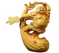 JTBDWOSK Sculpture Statue Ornement Danseur Heureux Bouddha avec Sac d'argent Statue Zen Rire Heureux Bouddha Budai Décor en Bois Signe d'amour Longévité Richesse Joie,Natural