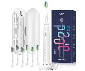 JTF Brosse À Dent Électrique Sonique Adultes avec 6 Têtes de Brosse et Étui de Voyage, Chargeur Rapide sans Fil et Longue Durée, 5 Modes et Minuteur Intelligent, Brosse À Dent Voyage, P200 Blanc