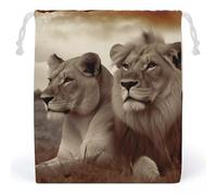 JTKBNVM Sacs en mousseline de coton avec cordon de serrage en forme de lion africain et lionne - Sacs cadeaux de Noël en toile - Sacs cadeaux en tissu - Pochette à bijoux avec cordon de serrage - 1