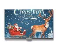 JTKLQBN Étui fin en métal pour cartes de visite avec motif élan tirant le Père Noël - Organisateur professionnel pour cartes de visite - Porte-cartes de Noël pour homme et femme, Père Noël traîneau à