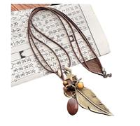 JTKSSCS Collier Ethnique Vintage Collier pendentif plume et feuille, style ethnique vintage, double couche, longue chaîne de pull en corde cirée(Color 01)