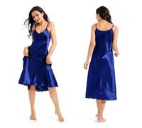 JTKSSCS Nuisette Femme Satin Chemise de Nuit en Soie for Femme, Longue Nuisette en Satin, Bretelles Spaghetti, Chemise Soyeuse, col en V Doux(Blue,XL (EU50 US18))