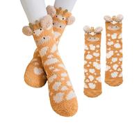 JTMKYO 1 paire de chaussettes girafe orange, chaussettes d'automne et d'hiver en velours épais, chaussettes mignonnes en velours corail pour la maison, chaussettes en peluche pour le sol au milieu du
