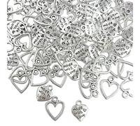 JTMKYO Lot de 100 pendentifs en forme de cœur en argent avec trous en métal, accessoires de gravure rétro, adaptés pour la fabrication de bracelets et colliers, 1,2 x 1,4 cm, argent, pas de pierre