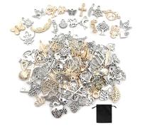 JTMKYO Lot de 150 pendentifs en métal avec 1 sac en flanelle, pendentif, bracelet, mini boucles d'oreilles, fabrication de bijoux DIY (or, argent), 15-25 mm, Acier allié