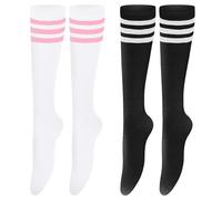 JTMKYO Lot de 2 paires de chaussettes rayées, chaussettes noires et blanches, chaussettes rayées pour filles, 3 bas rayés, chaussettes hautes, blanc/noir, Medium/Large