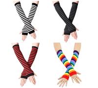JTMKYO Lot de 4 gants longs rayés pour femme, avec manches à doigts, gants thermiques tricotés, sans doigts, gants à la mode, adaptés pour porter au chaud en automne et en hiver, Coton, taille unique