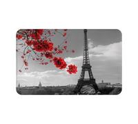 JTNWEC Tapis de porte gris avec motif de tour Eiffel et fleurs rouges - Tapis de bienvenue antidérapant pour la cuisine et la salle de bain - 49,5 x 80 cm