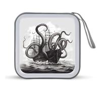 JTREHY Étui de rangement pour CD, 40 feuilles, noir et blanc, motif pieuvre et bateau imprimé portable à fermeture éclair pour CD, DVD, grande capacité pour voiture, maison, bureau, disque de jeux,