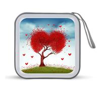 JTREHY Étui de rangement pour CD, DVD, 40 feuilles, rouge hart avec motif arbre imprimé, étui portable à fermeture éclair, grande capacité pour voiture, maison, bureau, disque de jeux, musique audio,