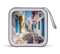JTREHY Étui de rangement pour CD, DVD, grande capacité de 40 feuilles, imprimé rue de Grèce, portable, avec fermeture éclair, pour voiture, maison, bureau, disque de jeux, musique audio, Grèce Street,