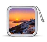 JTREHY Étui de rangement pour CD, DVD, grande capacité de 40 feuilles, motif île de Grèce, coucher de soleil, paysage imprimé portable avec fermeture éclair, pour voiture, maison, bureau, disque de