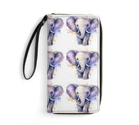 JTREHY Portefeuille pour femme avec imprimé éléphant mignon aquarelle portefeuille PU grande capacité avec dragonne et fermeture éclair, aquarelle mignon éléphant, 19,7 x 10,5 cm, contemporain,