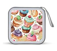JTREHY Sac de rangement pour CD, 40 feuilles, cupcakes, beignets, muffins, sucre, imprimé portable, fermeture éclair, étui CD DVD grande capacité pour voiture, maison, bureau, disque de jeux, musique