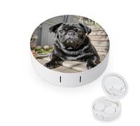 JTREWBV Boîte à lentilles de contact de voyage portable, étui rond avec imprimé chien carlin noir, kit d'outils compact pour les voyages et la maison, blanc, Taille unique, Étui pour lentilles de