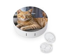 JTREWBV Boîte à lentilles de contact de voyage portable, étui rond pour lentilles de contact avec imprimé chat orange endormi, kit d'outils compact pour voyage et maison, blanc, Taille unique, Étui