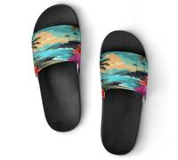 JTREWBV Pantoufles d'été pour femmes et hommes - Imprimé Hello Hawaï - PVC - Pantoufles de douche - Sandales de salle de bain - Antidérapantes - Faciles à nettoyer, Style Noir, 11.5 UK Men/ 9 UK Women