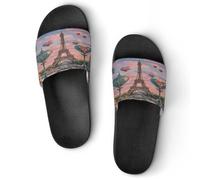 JTREWBV Pantoufles d'été pour femmes et hommes romantiques Paris Tour Eiffel imprimé PVC Maison Pantoufles Chaussures de douche Sandales de salle de bain Antidérapantes Facile à nettoyer, Style Noir