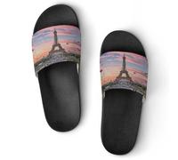 JTREWBV Pantoufles d'été pour femmes et hommes romantiques Paris Tour Eiffel imprimé PVC Maison Pantoufles Chaussures de douche Sandales de salle de bain Antidérapantes Facile à nettoyer, Style Noir