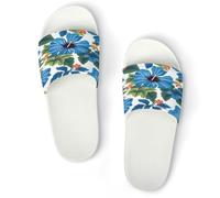 JTREWBV Pantoufles d'été pour homme et femme - Imprimé hibiscus bleu - En PVC - Chaussons de douche - Sandales de salle de bain - Antidérapantes - Faciles à nettoyer, Style blanc, 11.5 UK Men/ 11 UK