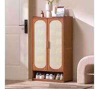 JTSMJQIE Armoire de rangement à chaussures en bambou, 7 niveaux avec 2 portes en rotin, étagère à chaussures simple d'intérieur de location, meuble à chaussures multicouche résistant à la poussière