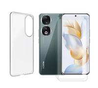 JUANIO Lot de 2 Verre trempé incurvé + Coque de Protection pour Honor 90 5G 6.7" REA-AN00,REA-NX9 + Coque de Protection Transparente Souple Silicone