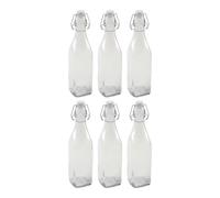 JUANIO Lot de 6 Bouteille carrée en Verre avec Bouchon hermétique, Carafe Bouteille avec Fermeture à Clip, capacité 0,5L - Longueur 6,5 x Largeur 6,5 x Hauteur 27 cm