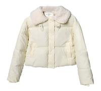 Juankrynord Doudoune légère à la mode pour femmes chaude et courte avec fermeture éclair sur le devant élégante veste matelassée doublée de molleton épaissie à col montant (Blanc,Grand)