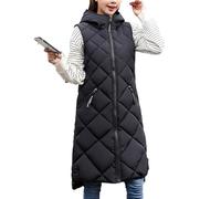 Juankrynord Gilet long à fermeture éclair à la mode hivernale pour femmes, veste décontractée de couleur unie à fermeture éclair épaissie et chaude avec poches (O-noir,Grand)