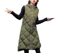Juankrynord Gilet long à fermeture éclair à la mode hivernale pour femmes, veste décontractée de couleur unie à fermeture éclair épaissie et chaude avec poches (O-vert,3TG)