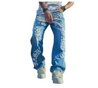 Juankrynord Jeans à Jambes Larges Taille Haute avec écusson à la Mode pour Hommes avec Poches Jeans Gothiques de Skateboard Coupe Ample Streetwear (Bleu,Grand)