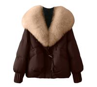 Juankrynord Manteau court matelassé élégant d'hiver pour femmes avec grand col en fourrure bureau d'affaires parka coupe-vent doublée de couleur unie parka de neige (Vin,Grand)