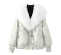 Juankrynord Manteau court matelassé élégant d'hiver pour femmes avec grand col en fourrure bureau d'affaires parka coupe-vent doublée de couleur unie parka de neige (Beige,Grand)