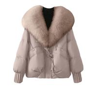 Juankrynord Manteau court matelassé élégant d'hiver pour femmes avec grand col en fourrure bureau d'affaires parka coupe-vent doublée de couleur unie parka de neige (Kaki,TG)