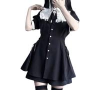 Juankrynord Robe lolita douce en mousseline de soie à manches longues pour femmes harajuku kawaii cravate en dentelle style collège design robes courtes princesse (Noir,S)