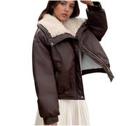 Juankrynord Veste courte épaisse doublée de polaire à fermeture éclair sur le devant pour femmes, chaleur hivernale, col surdimensionné, vêtements d'extérieur courts de style motard (Café,M)