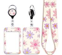 Juanooo Cordon de travail Daisy avec porte-carte et bobine de badge rétractable - Mignon pour clés et badge d'identité pour femmes, filles, enseignantes - Fleur style prépa - Porte-badge d'école (Rose
