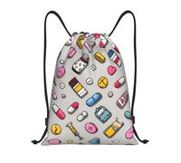 JUANYQME Sac à cordon de serrage imprimé de médecine de dessin animé pour gym, yoga, voyage, utilisation quotidienne, facile à plier, sac à cordon réglable, Noir , S