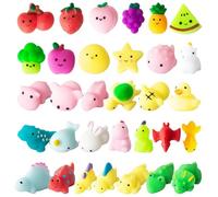 JUAUO 32Pcs Kawaii Mochi Squishy Toy - Mini Squishies Soft Squeeze Jouet - Mignon Animaux Dinosaures Fruits Jouet Anti Stress - Récompense Cadeaux Enfant Fille Anniversaire Remplissage Oeufs Paques